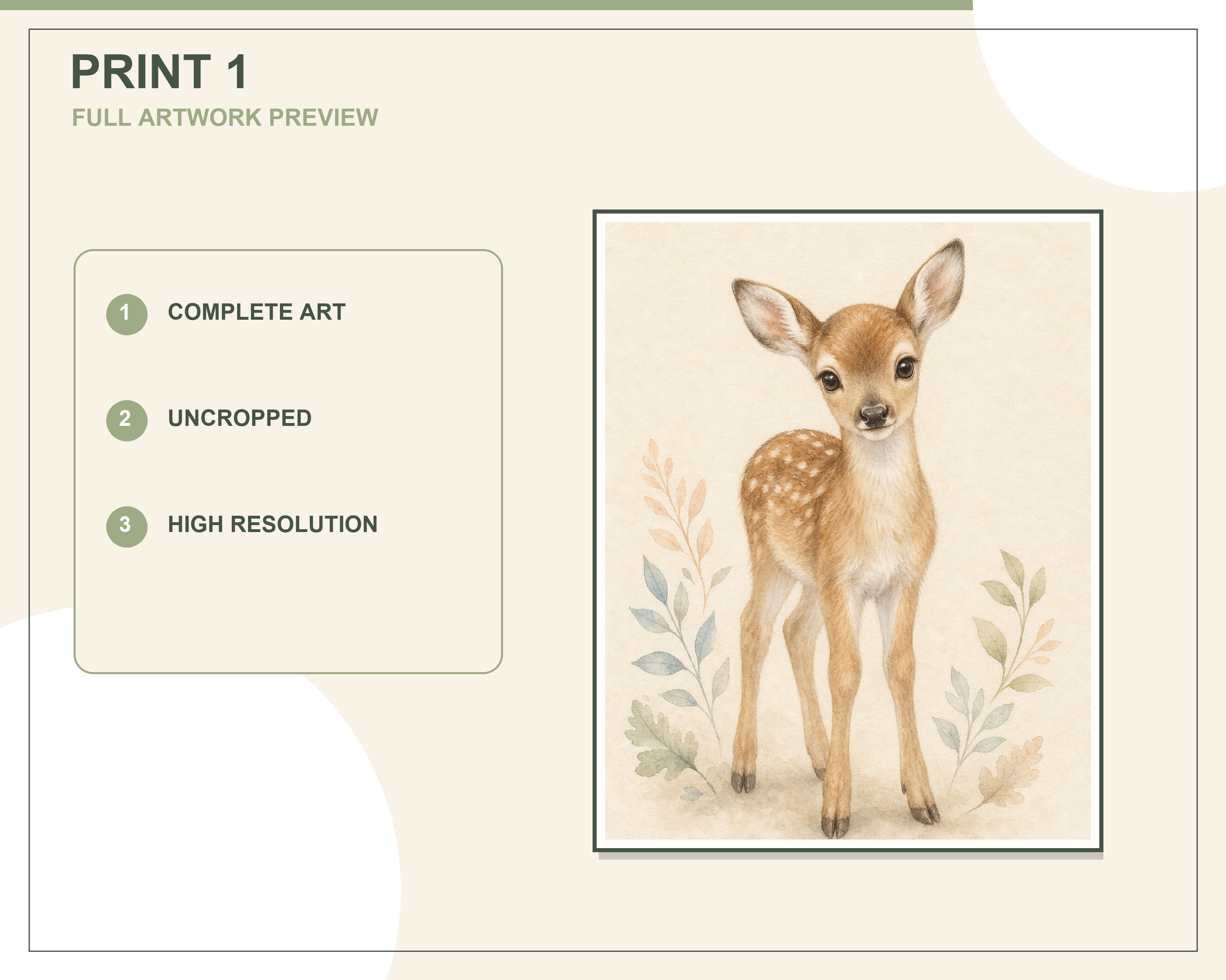 Full coordinated preview of the three woodland nursery animals wall-art prints
