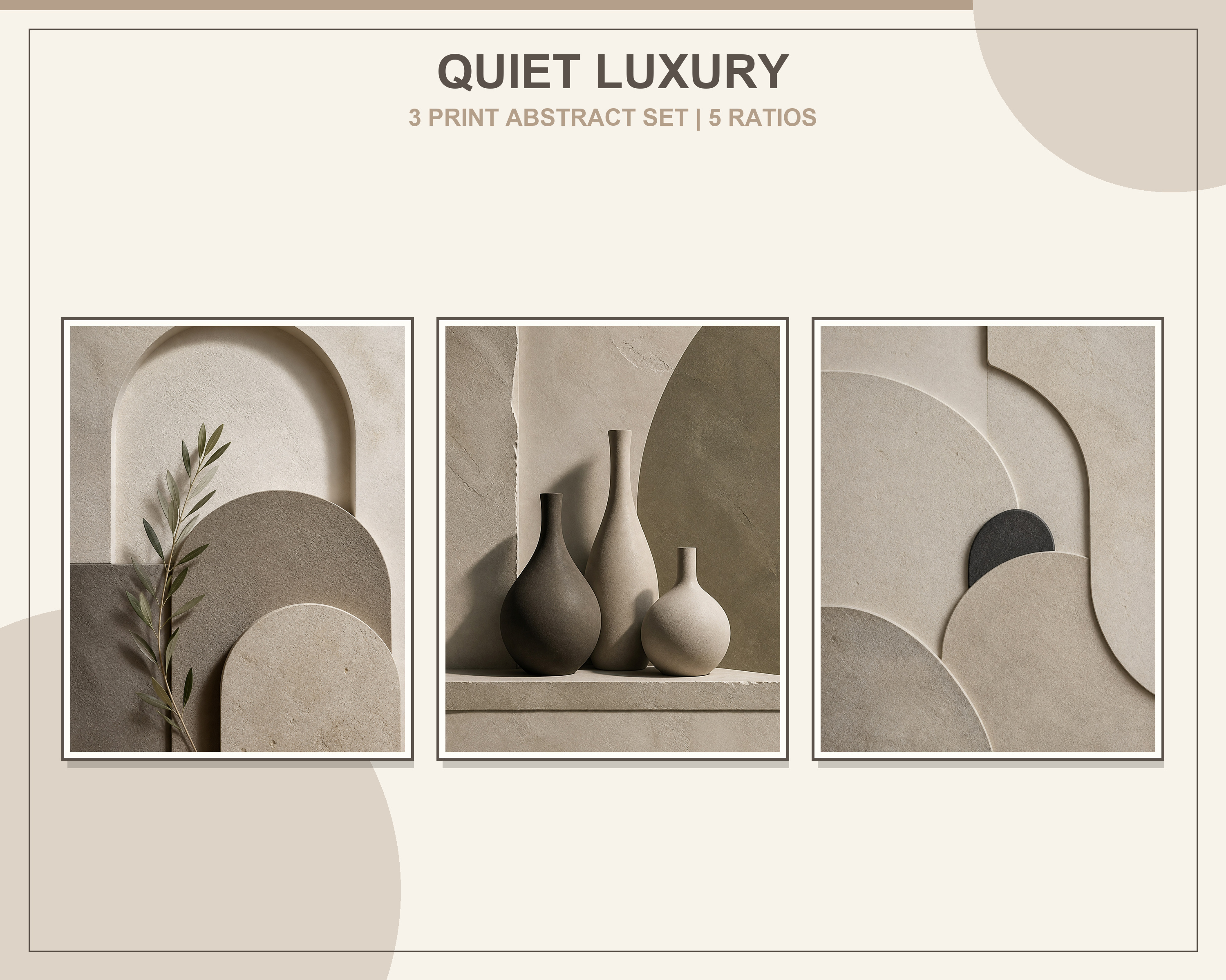 Quiet Luxury Neutral Abstract Printable Art Set displayed in three natural oak frames in a bright organic modern living room