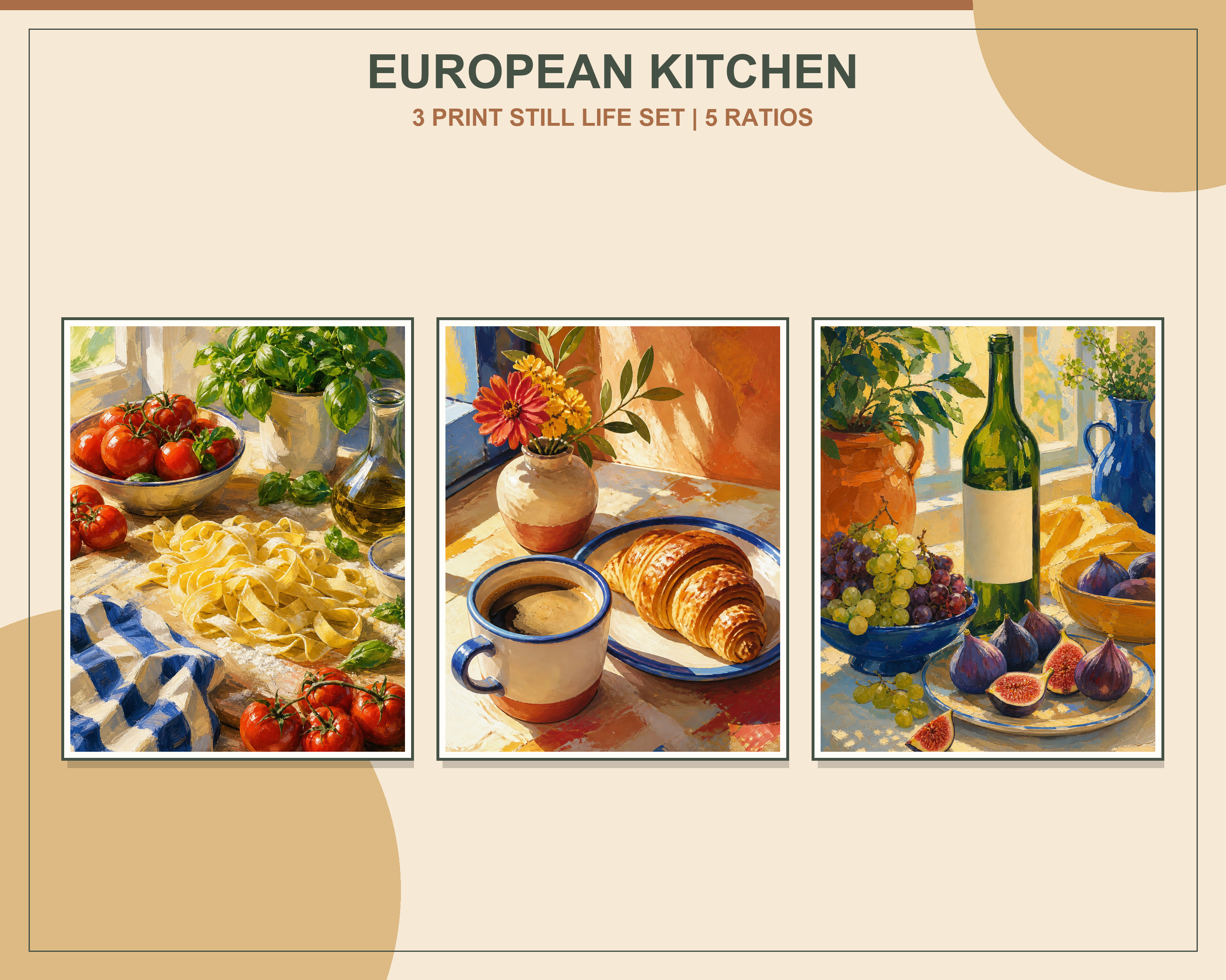 European Kitchen Still Life Printable Art Set displayed in three natural oak frames in a bright organic modern living room