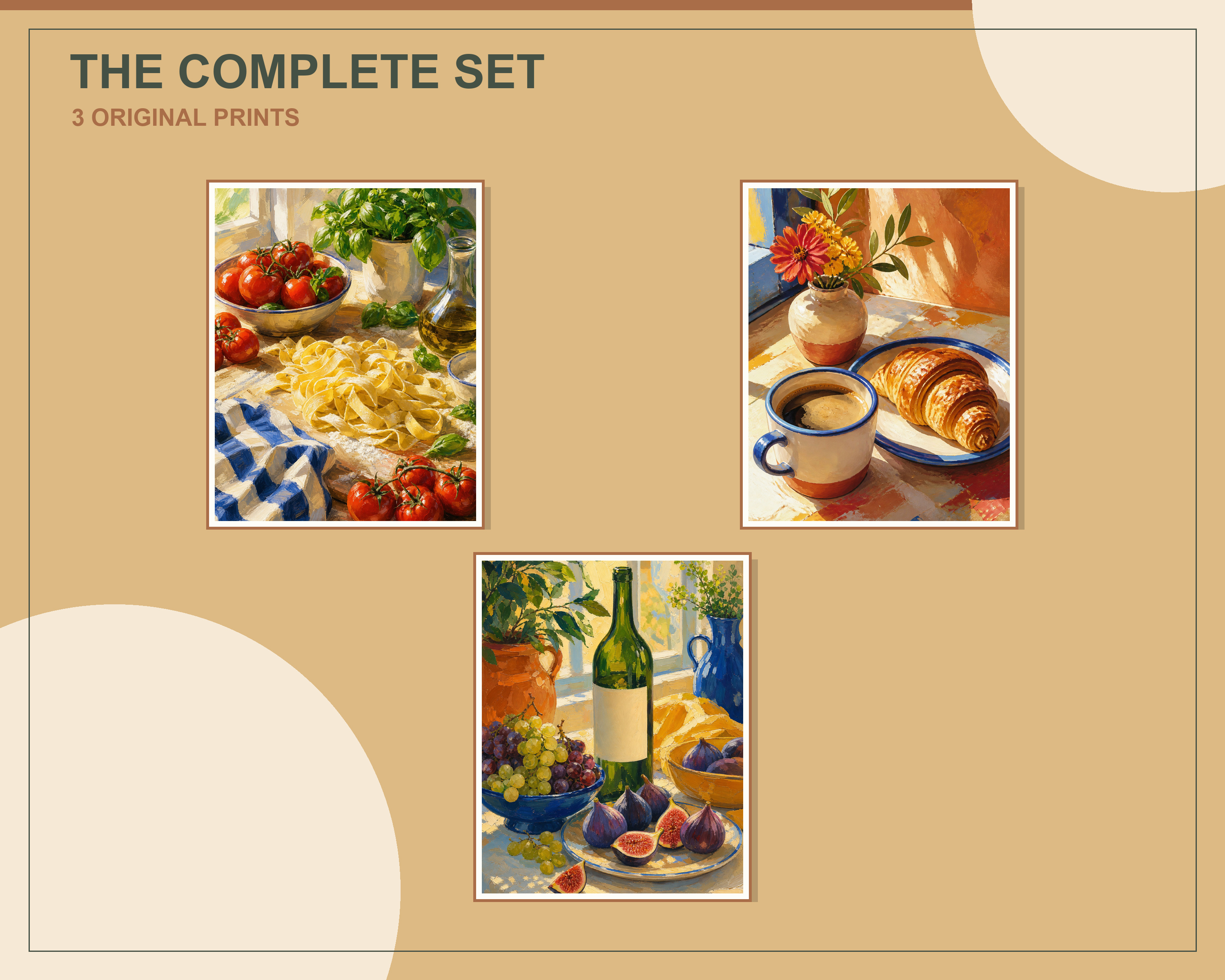 Overlapping preview of all three European kitchen still life printable artworks