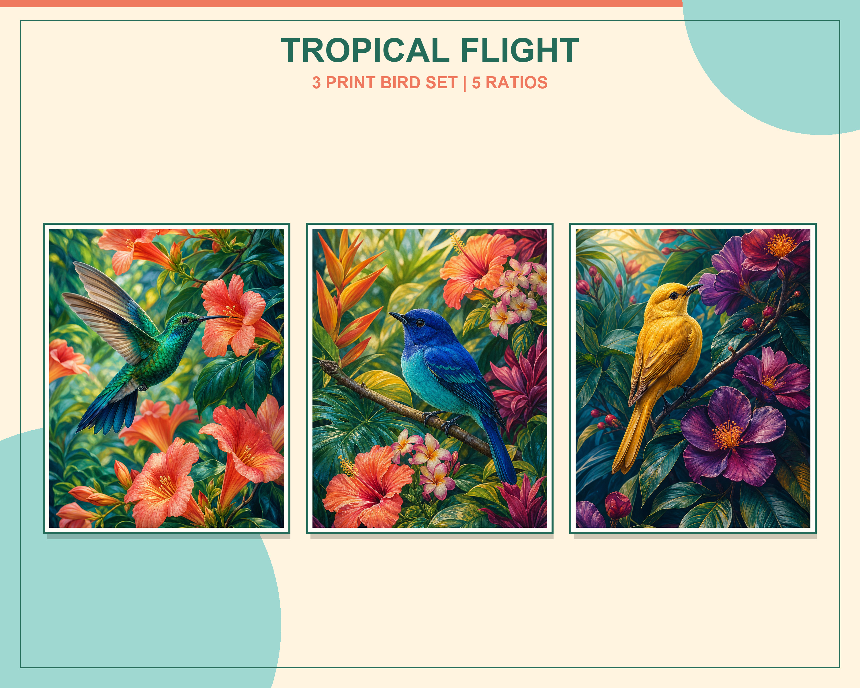 Colorful Tropical Bird Printable Wall Art Set displayed in three natural oak frames in a bright organic modern living room