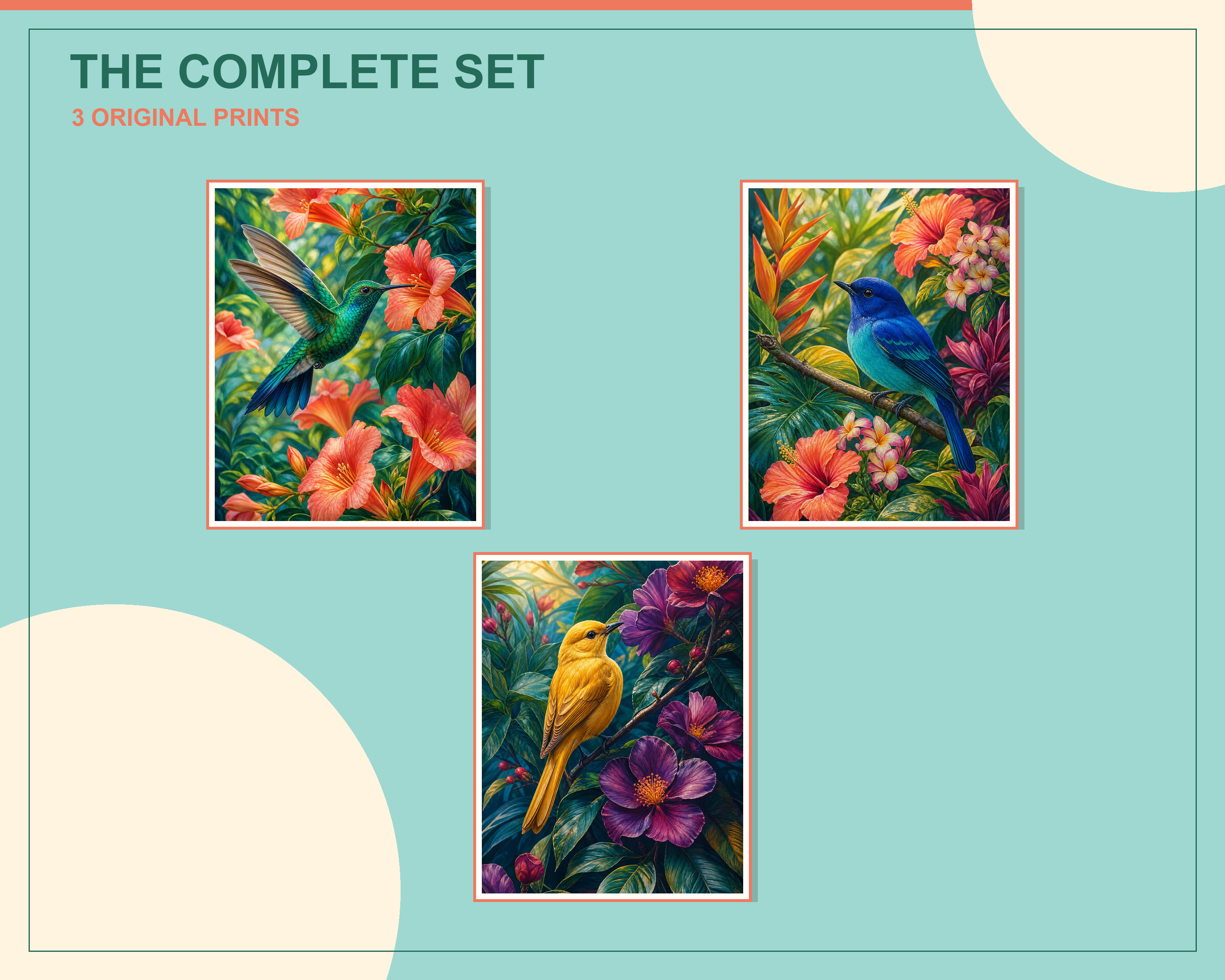 Overlapping preview of all three colorful tropical birds printable artworks
