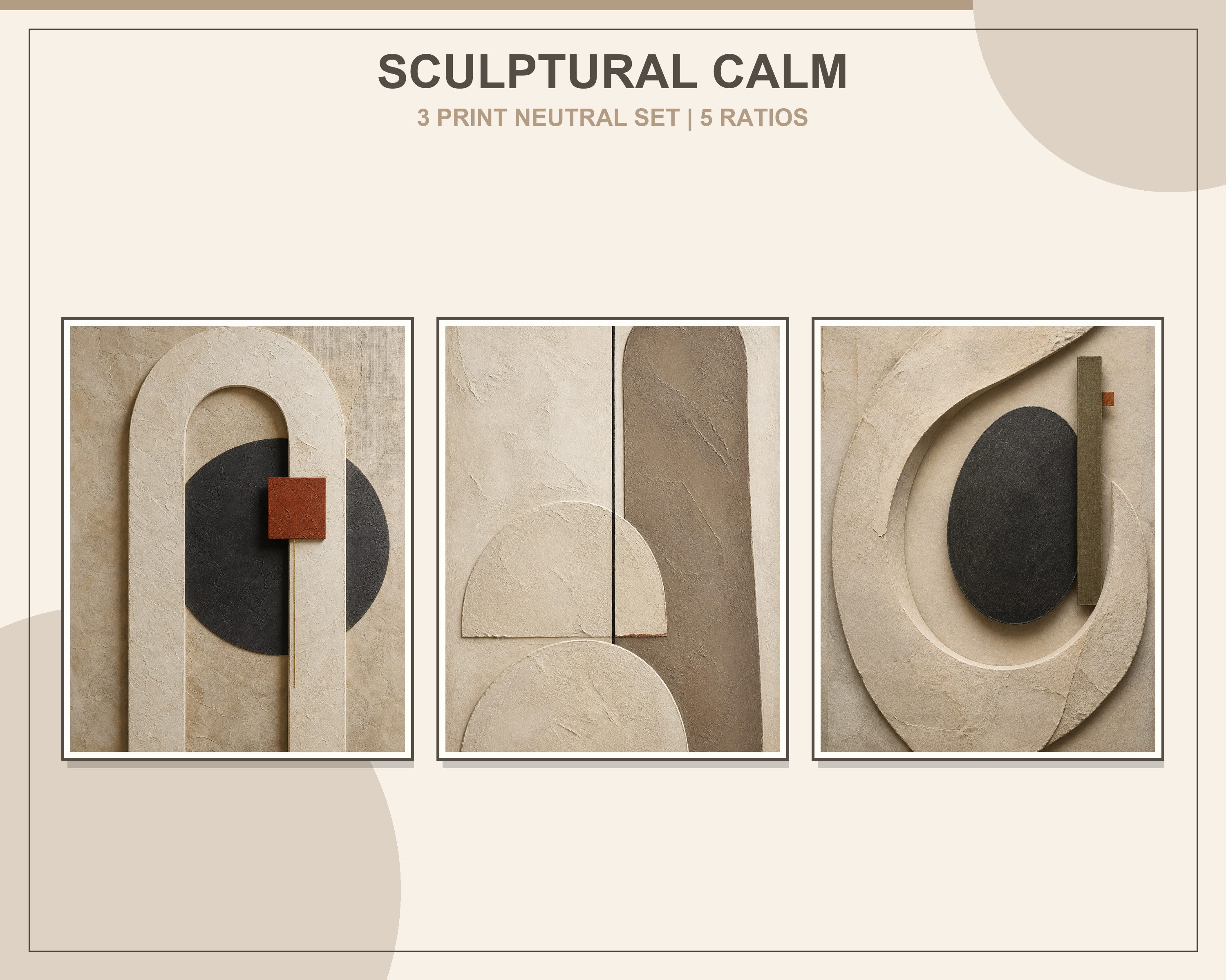 Quiet Luxury Sculptural Abstract Printable Art Set shown in exactly three natural oak frames in an angled contemporary living room