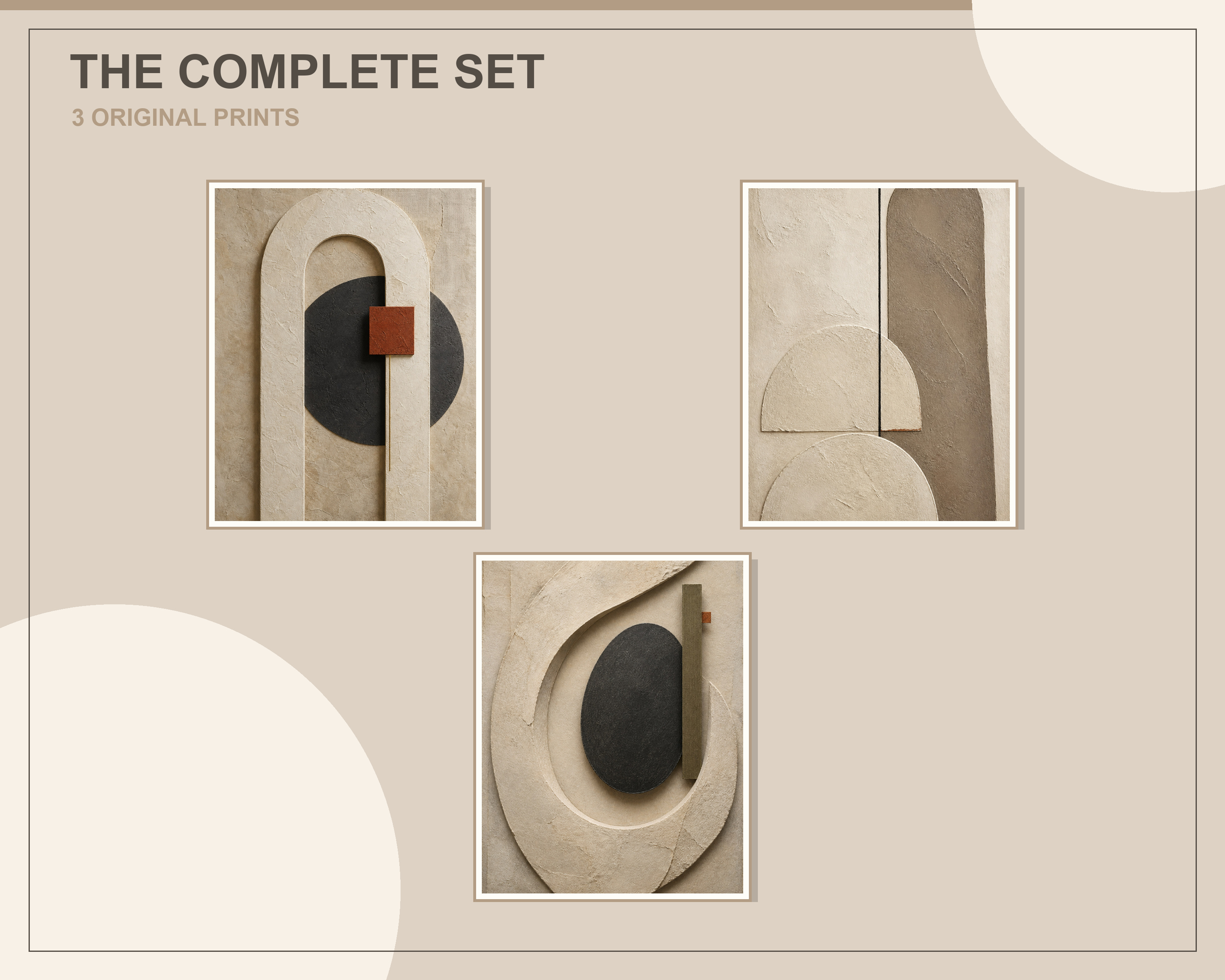 Overlapping preview of all three sculptural geometric abstract printable artworks