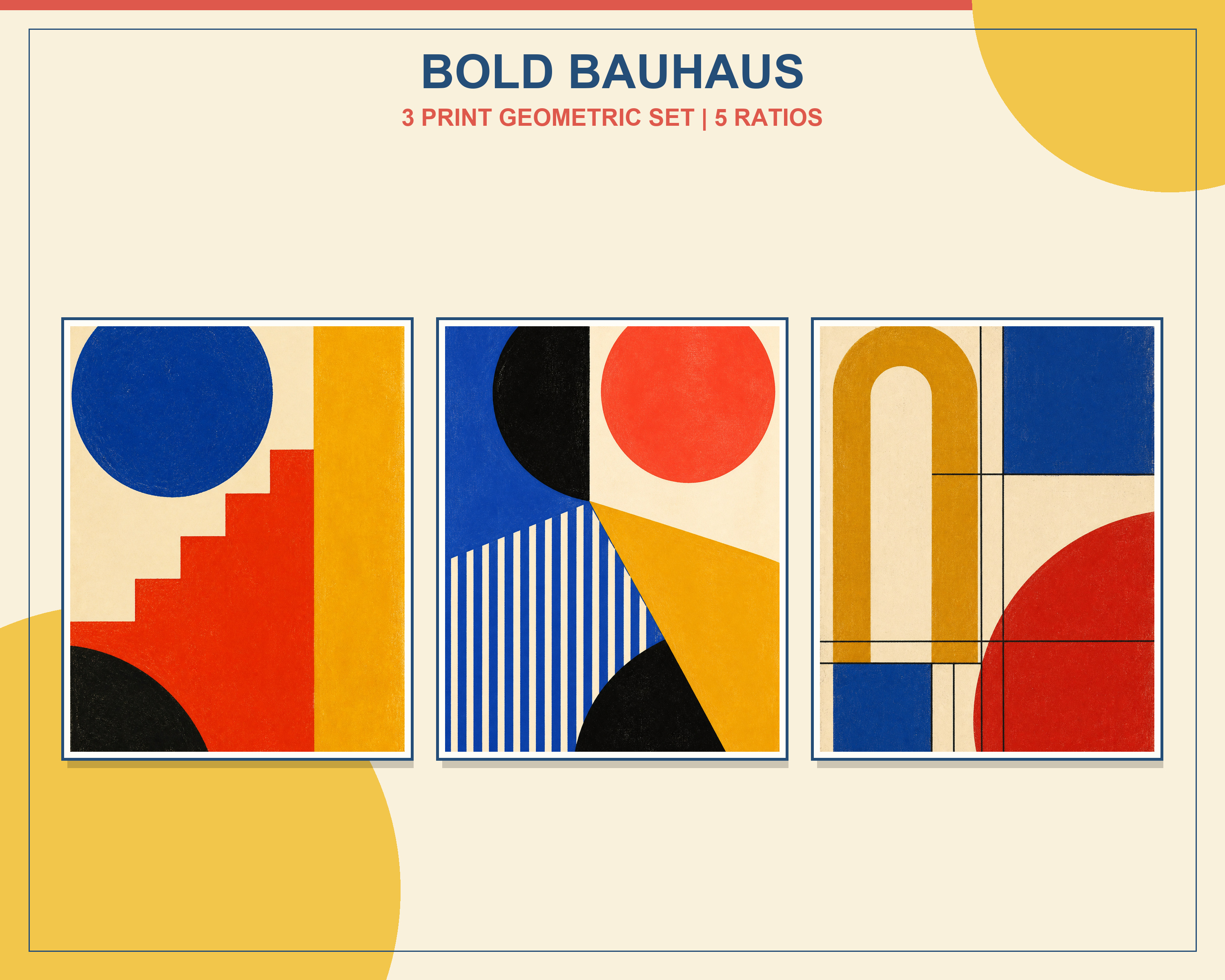 Bold Bauhaus Geometric Printable Wall Art Set shown in exactly three natural oak frames in an angled contemporary living room