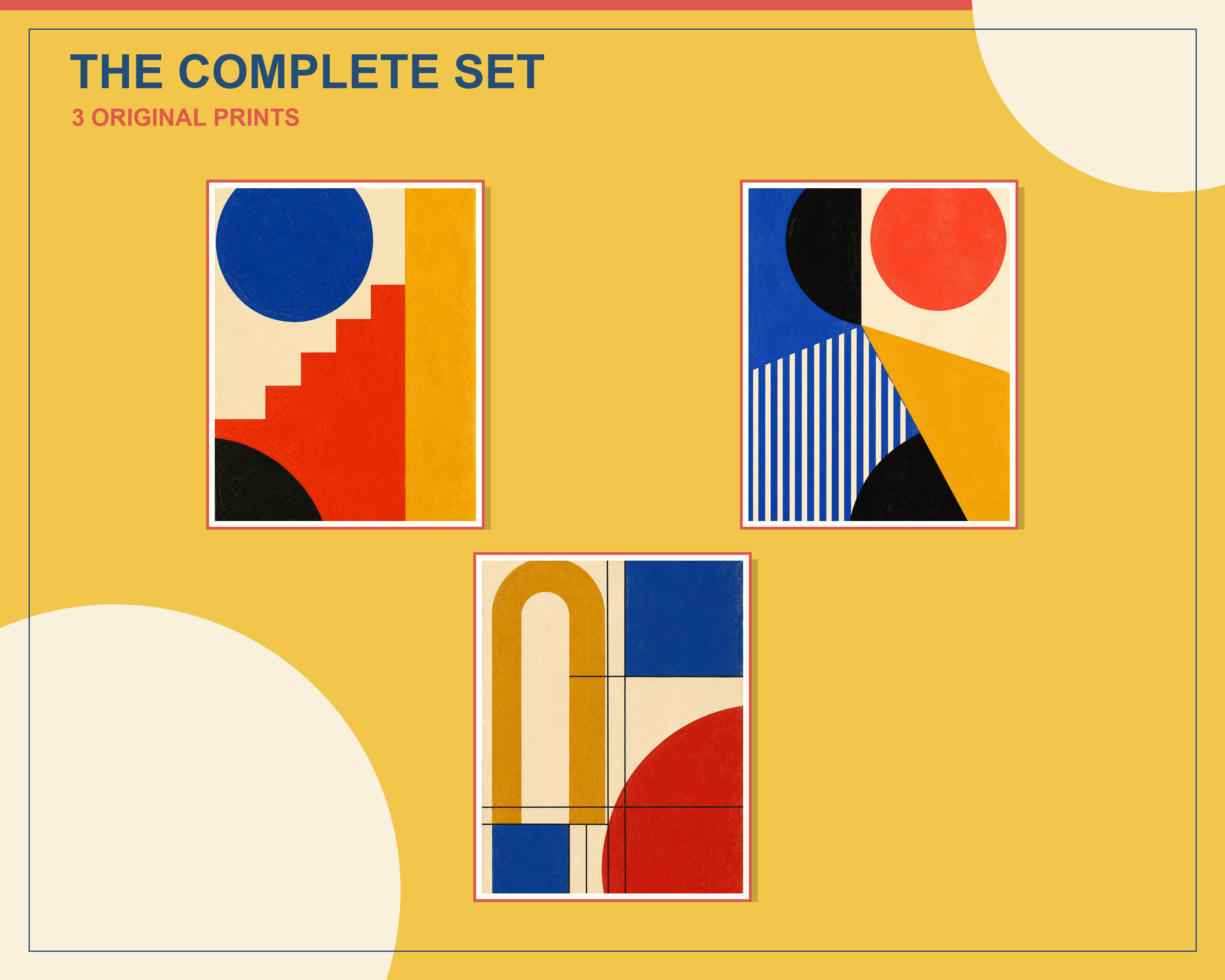 Overlapping preview of all three bold Bauhaus geometric printable artworks