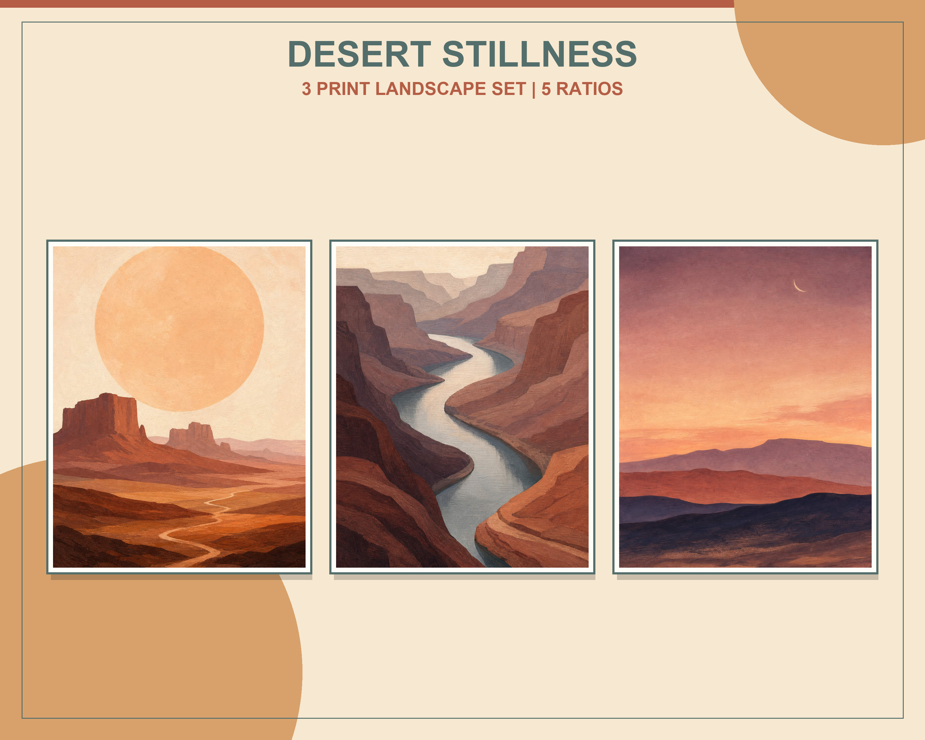 Minimal Desert Landscape Printable Wall Art Set shown in exactly three natural oak frames in an angled contemporary living room