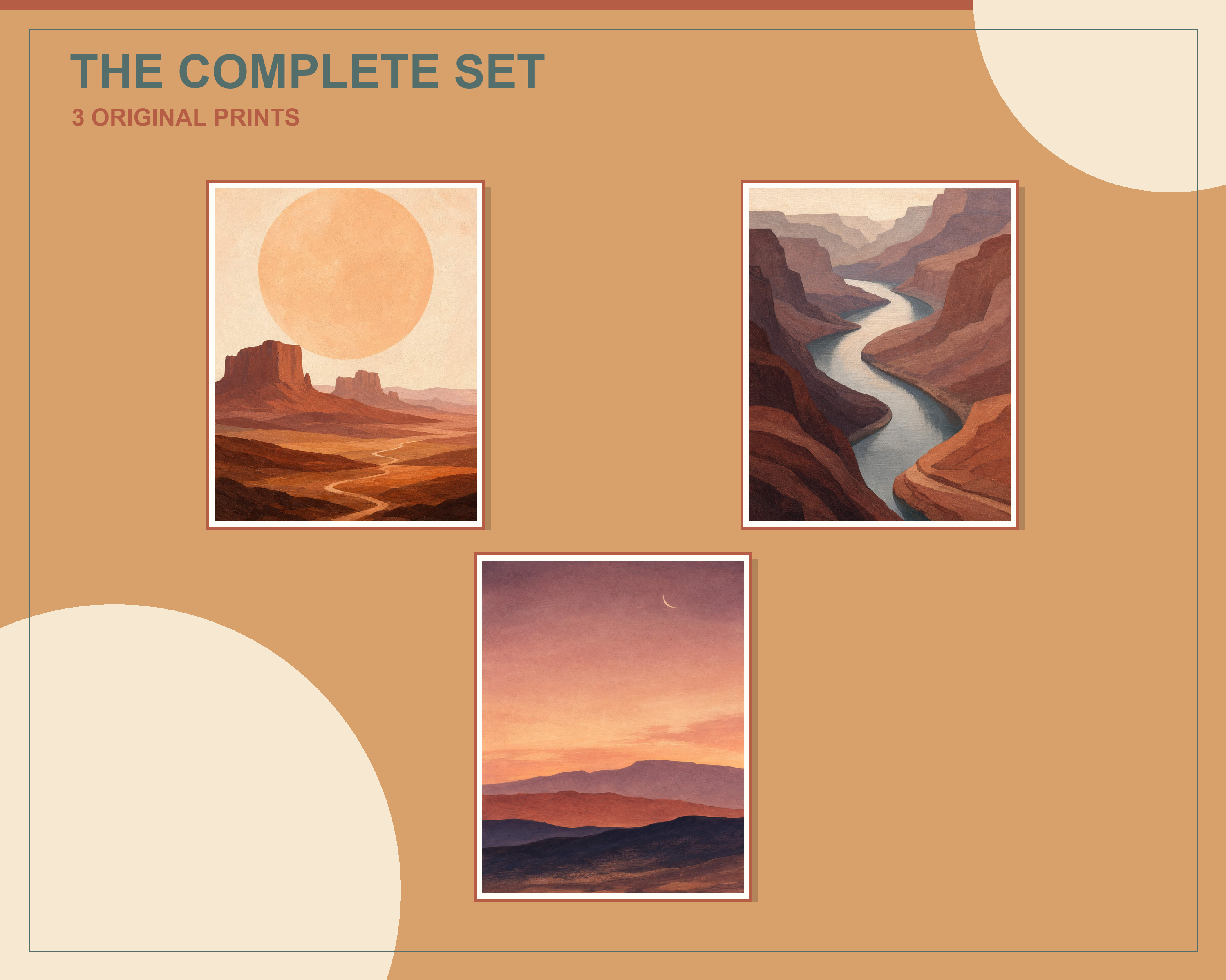 Overlapping preview of all three minimal desert landscape printable artworks