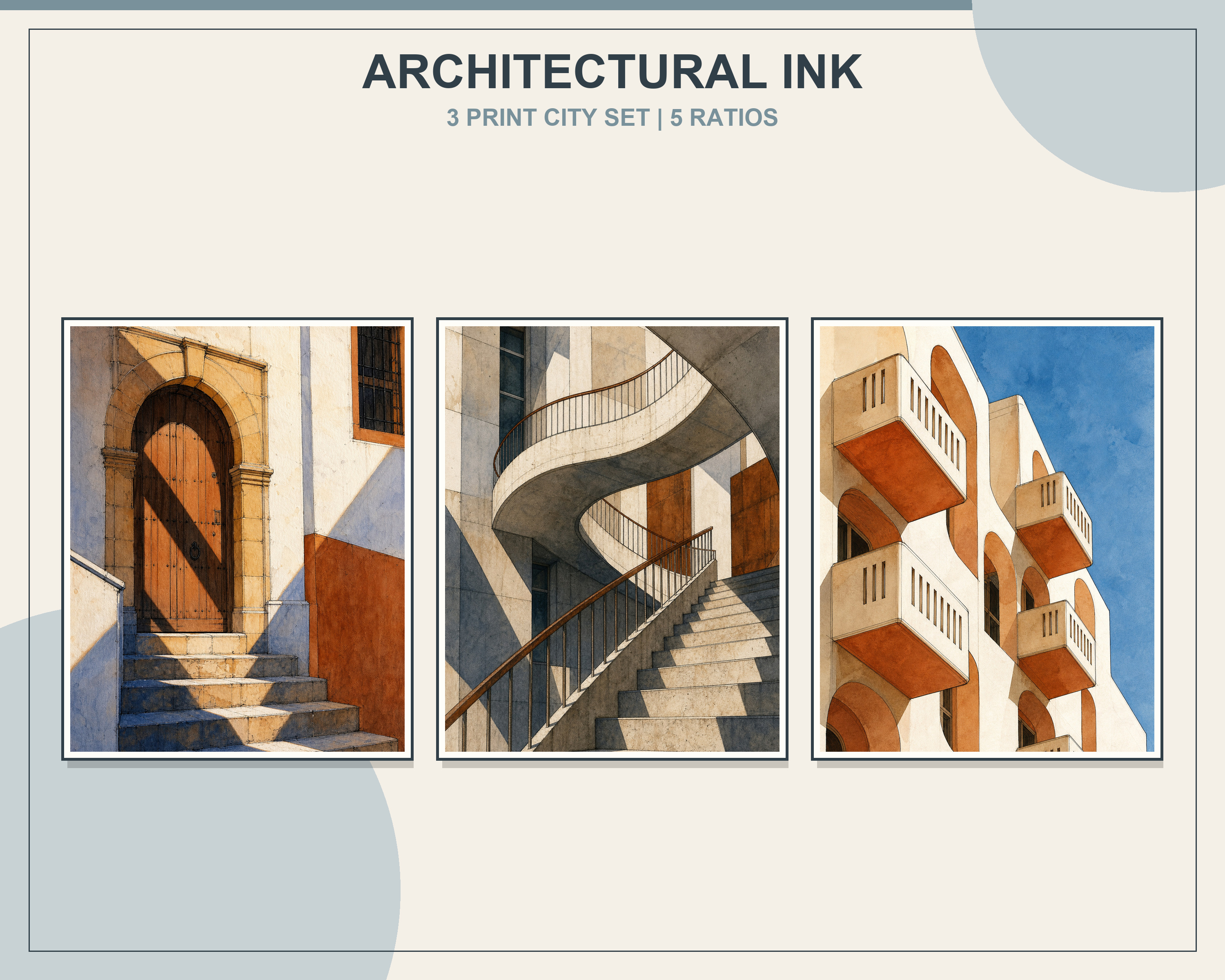 Modern Architecture Ink and Watercolor Printable Set shown in exactly three natural oak frames in an angled contemporary living room