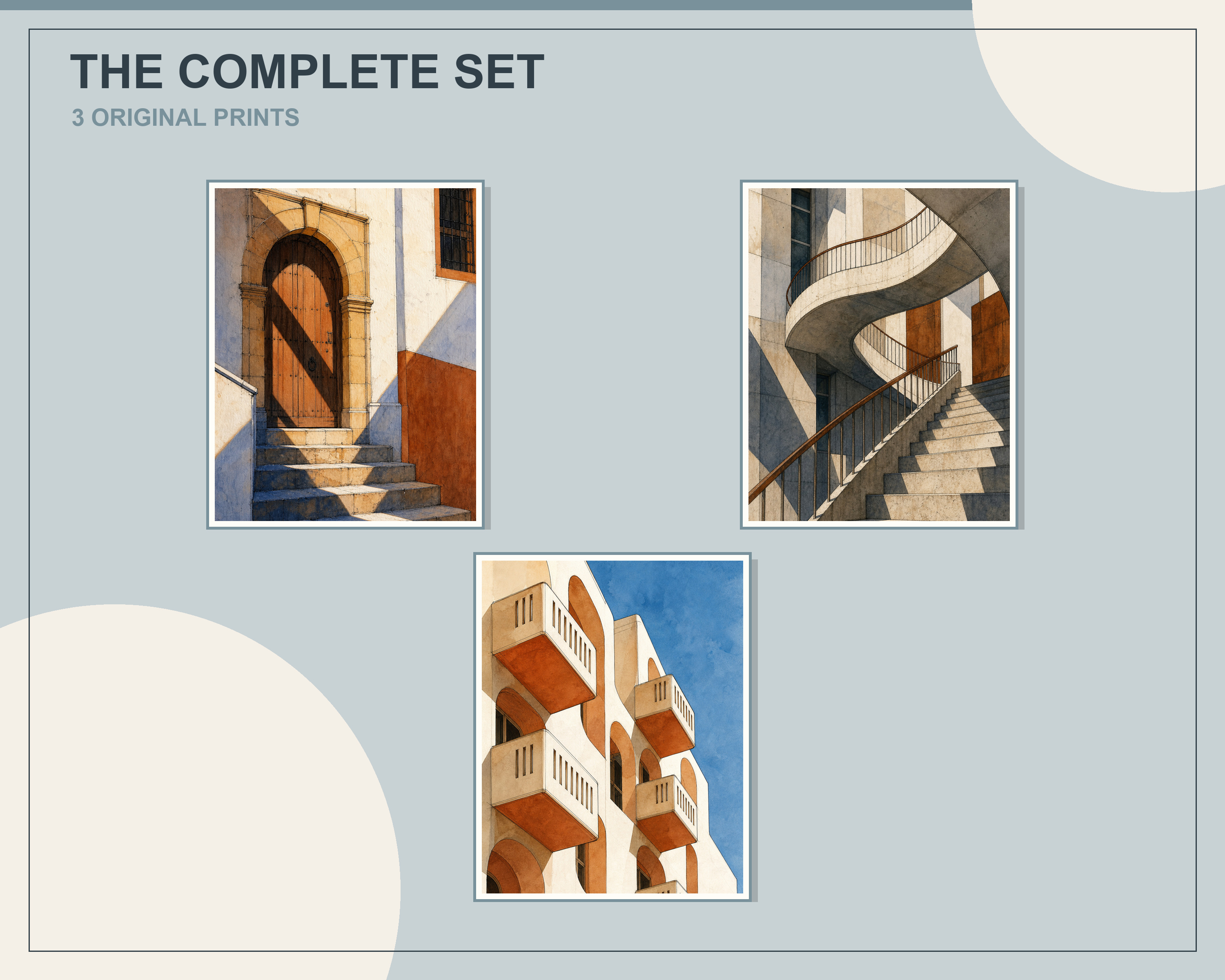 Overlapping preview of all three modern architecture line art printable artworks