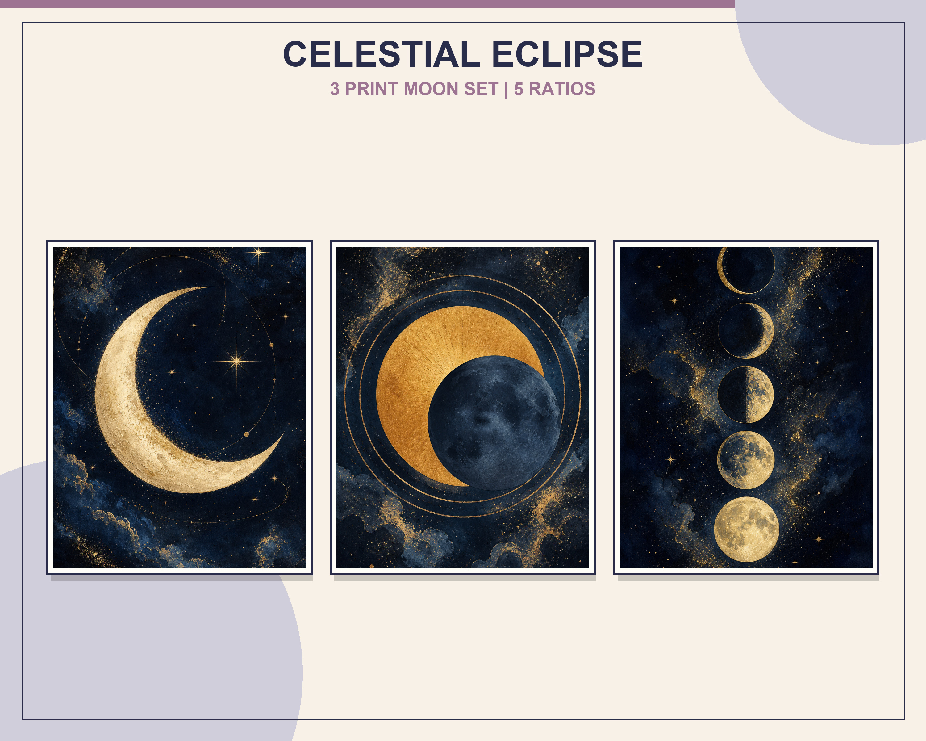 Celestial Moon and Eclipse Printable Wall Art Set shown in exactly three natural oak frames in an angled contemporary living room