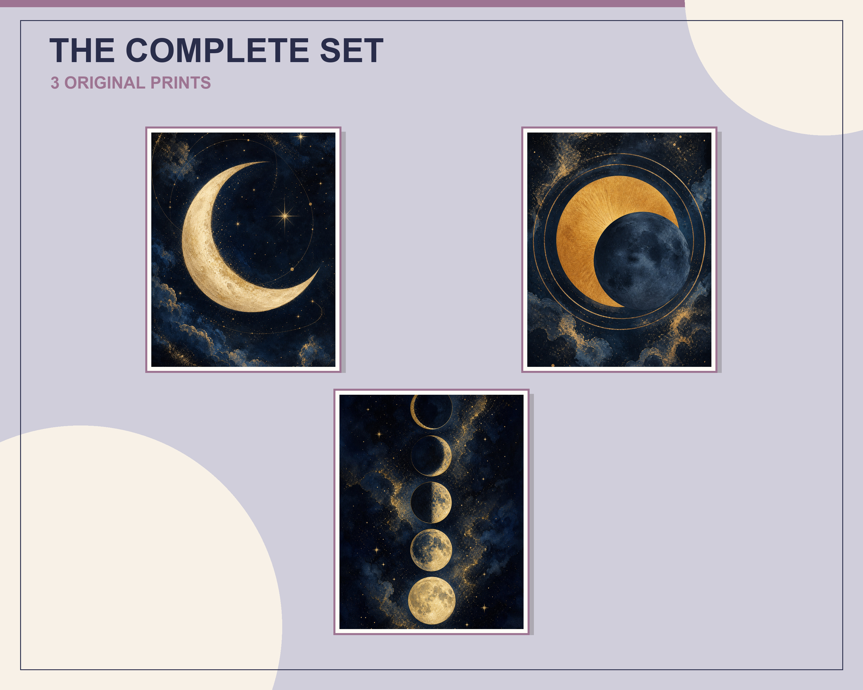 Overlapping preview of all three celestial moon abstract printable artworks