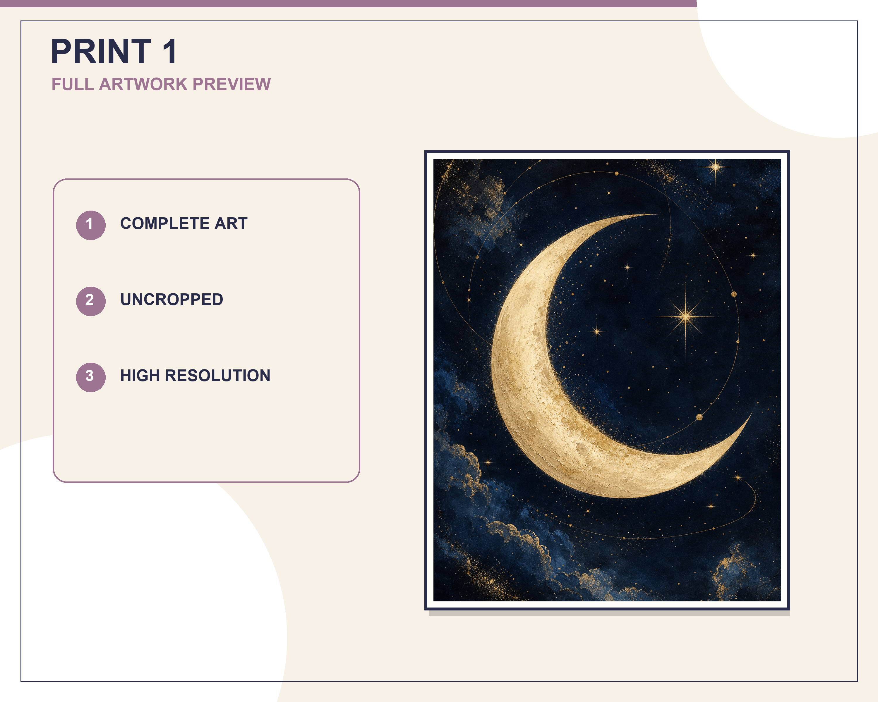 Full coordinated preview of the three celestial moon abstract wall-art prints