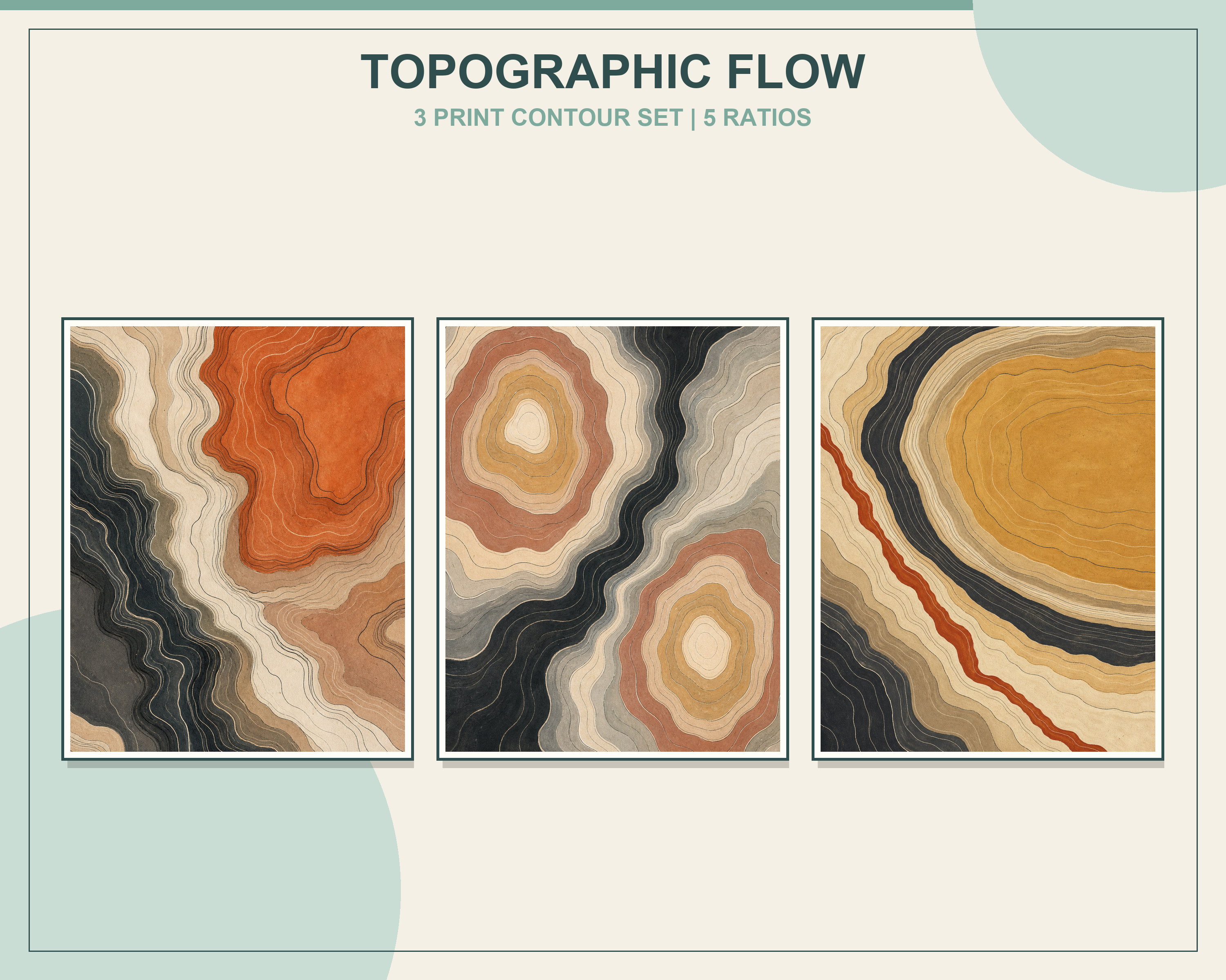Abstract Topographic Contour Printable Wall Art Set shown in exactly three natural oak frames in an angled contemporary living room