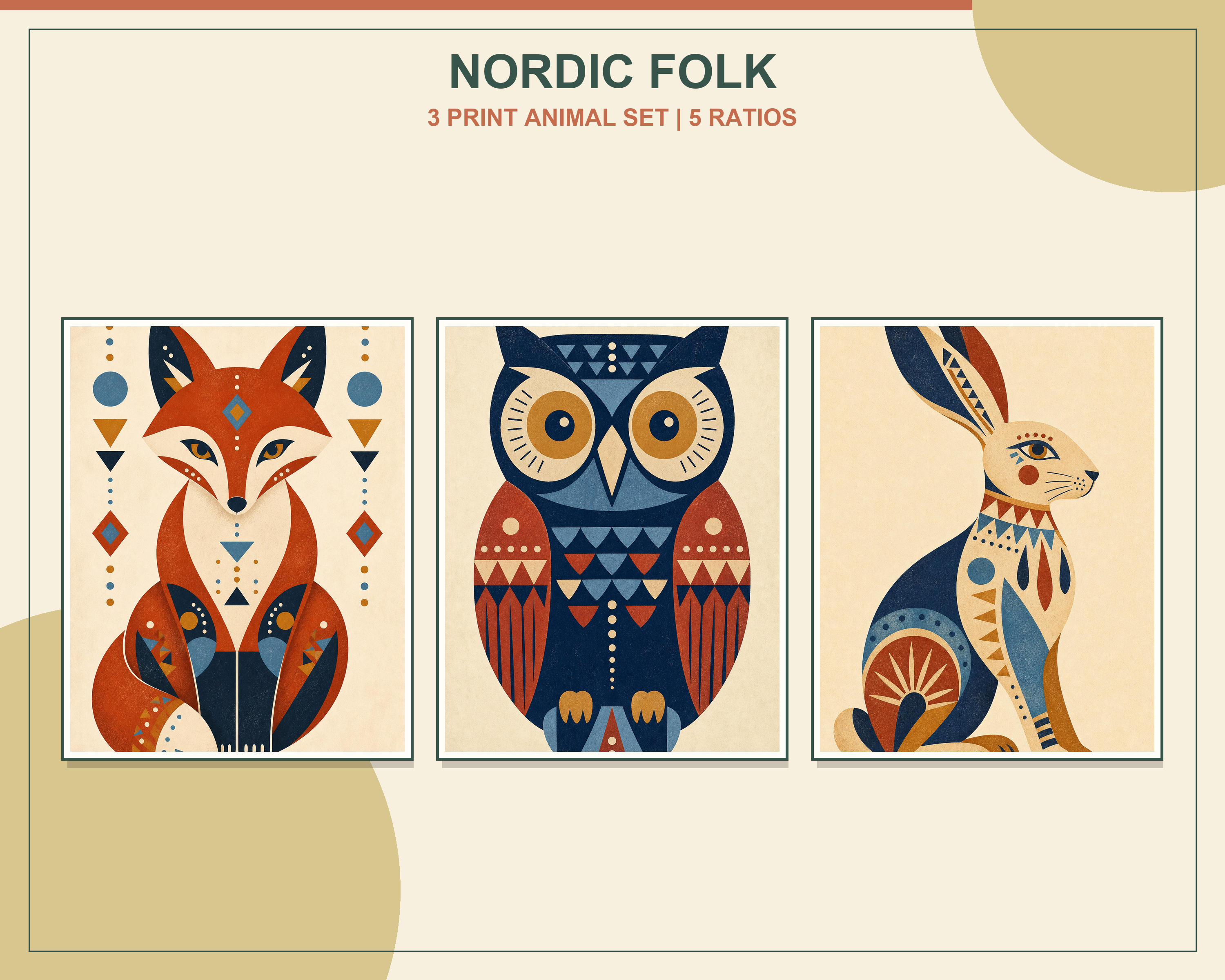 Modern Nordic Folk Animal Printable Wall Art Set shown in exactly three natural oak frames in an angled contemporary living room
