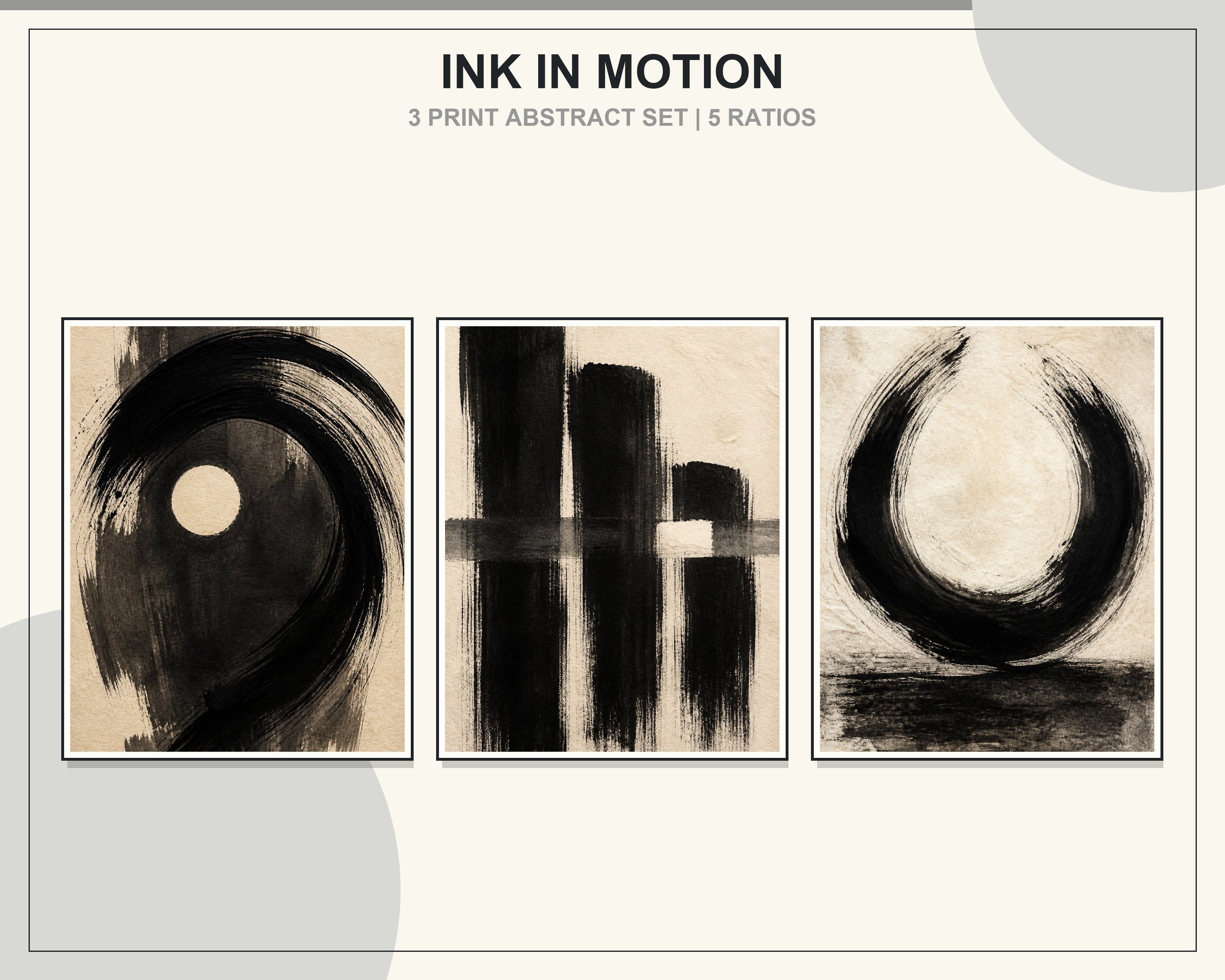 Monochrome Abstract Ink Printable Wall Art Set shown in exactly three natural oak frames in an angled contemporary living room