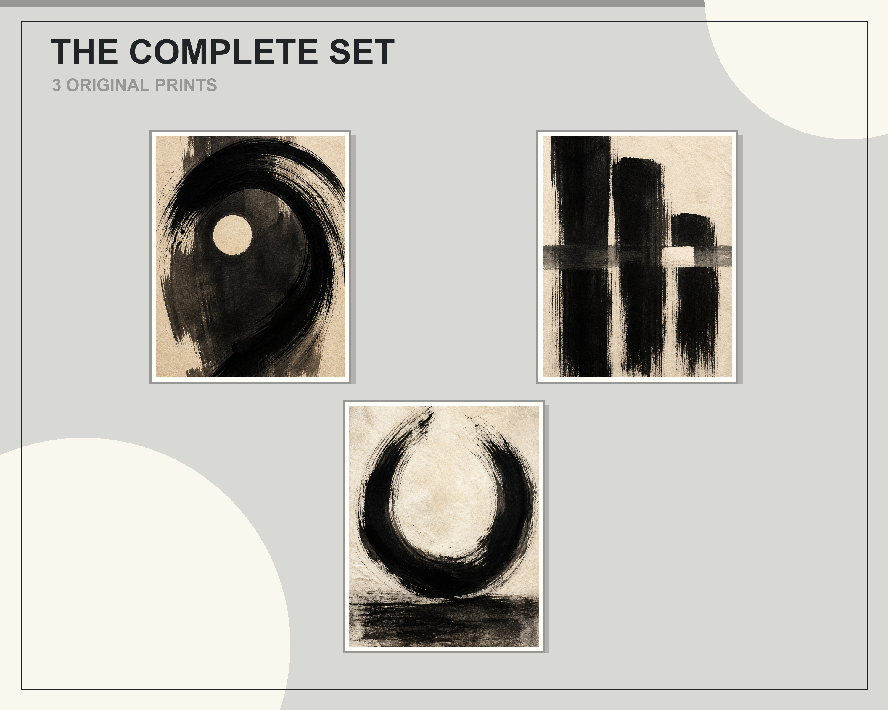 Overlapping preview of all three monochrome abstract ink printable artworks