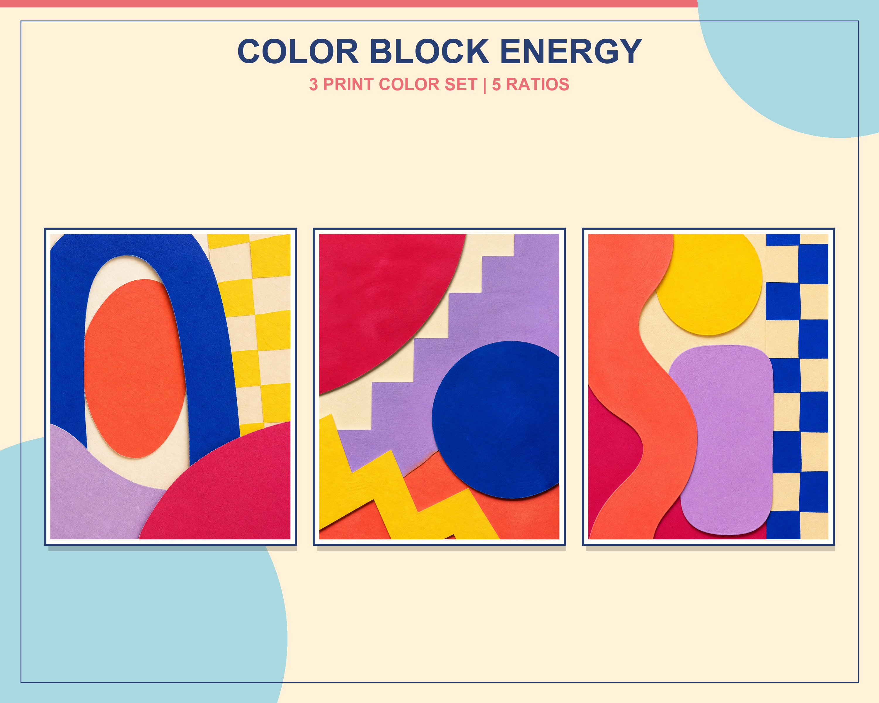 Colorful Modern Color Block Printable Art Set shown in exactly three natural oak frames in an angled contemporary living room
