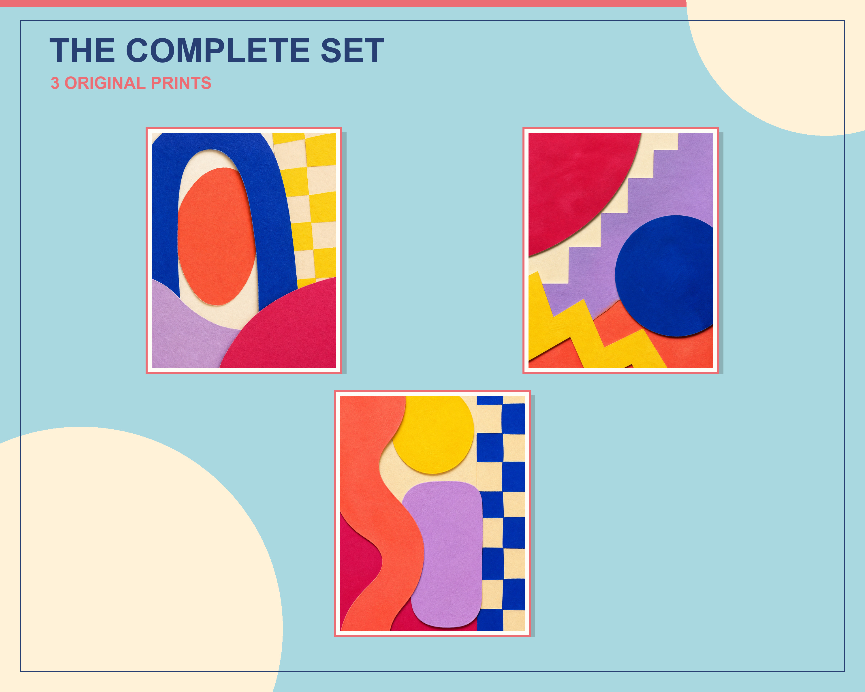Overlapping preview of all three colorful modern color block printable artworks