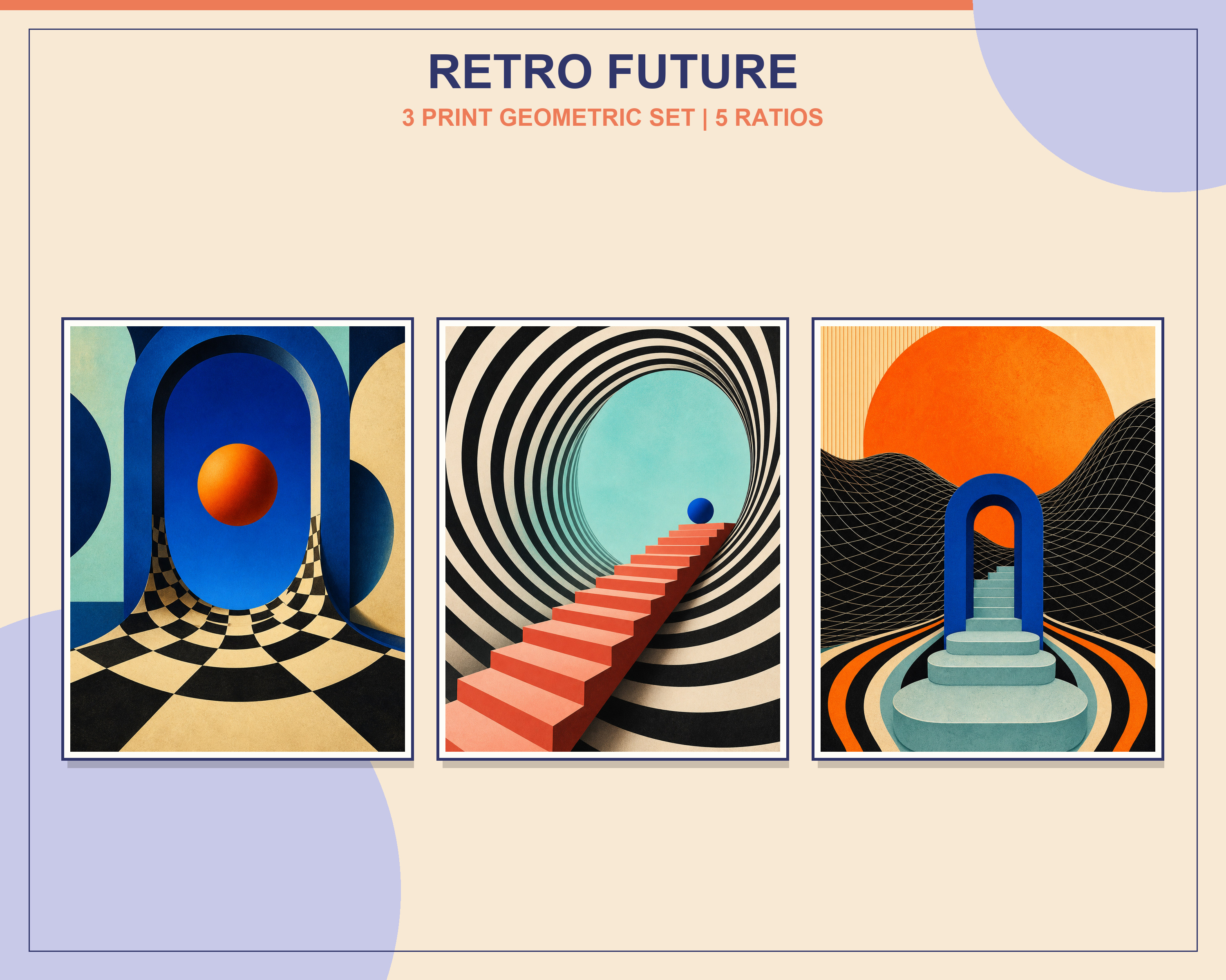 Retro Futurist Geometric Printable Wall Art Set shown in exactly three natural oak frames in an angled contemporary living room