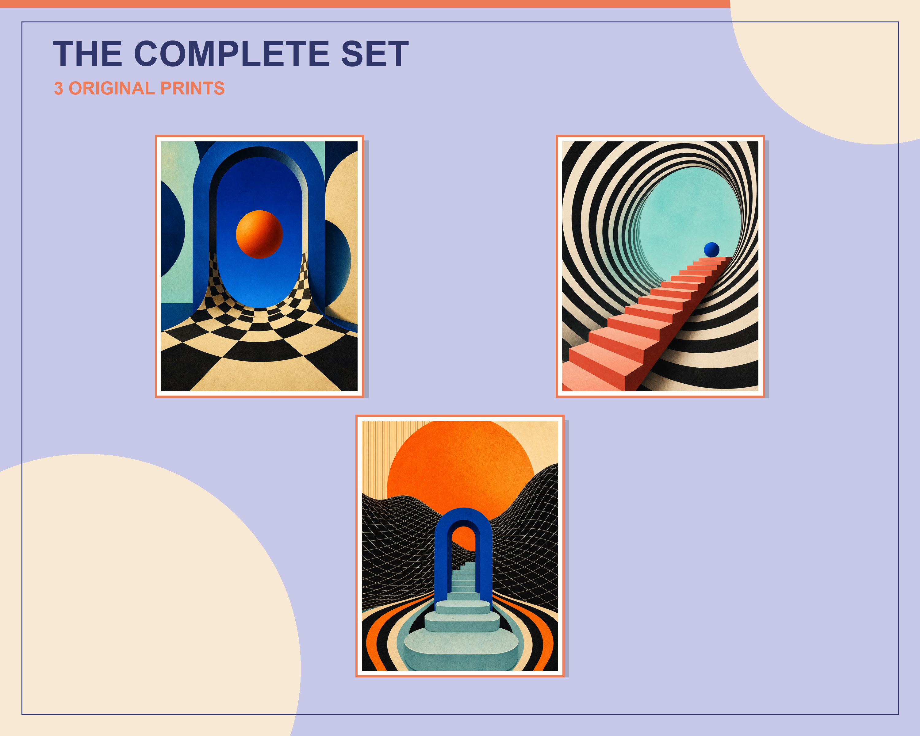 Overlapping preview of all three retro futurist geometric printable artworks