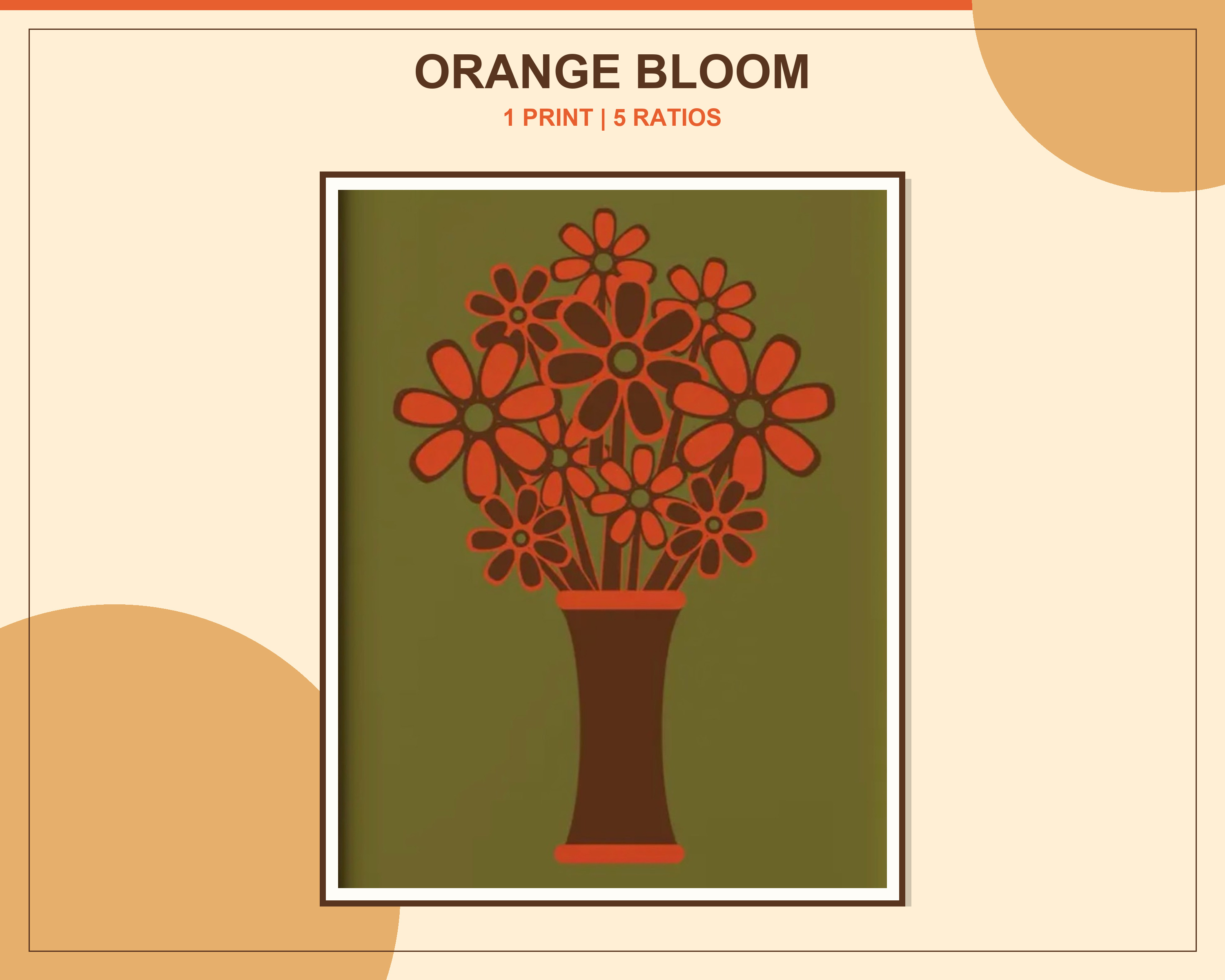 Retro Orange Flower Vase Printable Wall Art displayed in one walnut frame in a warm retro modern living room