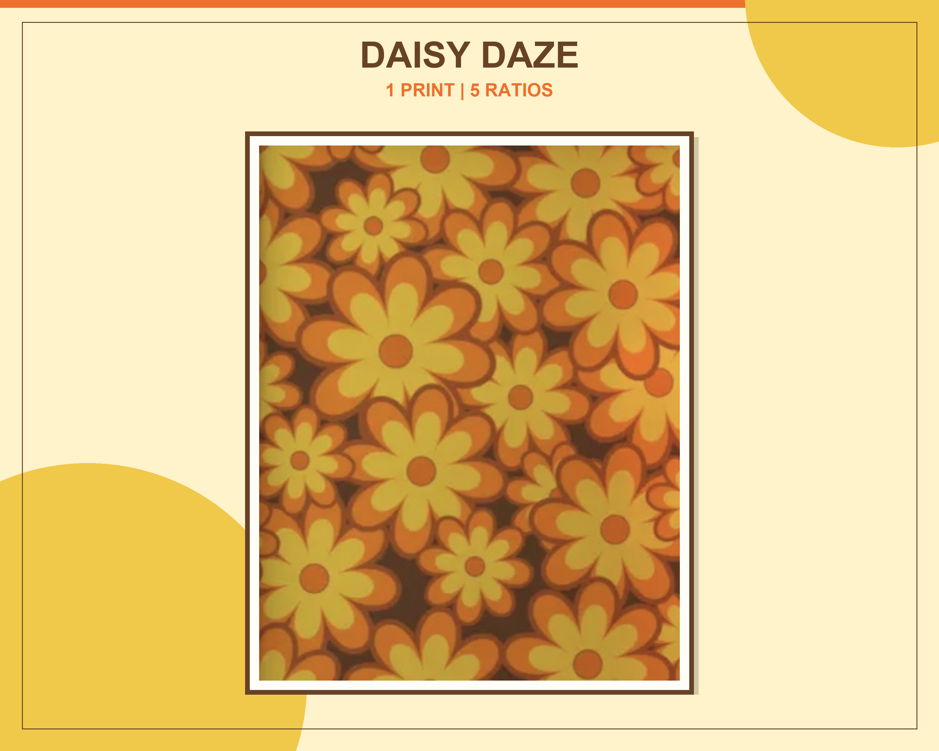 Retro Yellow Orange Daisy Pattern Printable Wall Art displayed in one walnut frame in a warm retro modern living room